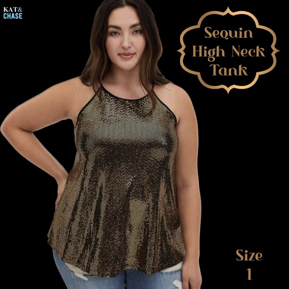 NWOT Torrid Size 1 Gold Bronze Sequin High Neck Tank Top Blouse Stretch Party
